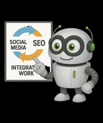 Sosyal medya ve SEO'nun entegre çalışma şeması ve STEBİLİŞİM maskotu