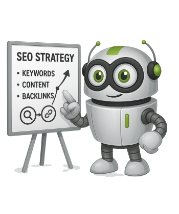 STEBİLİŞİM maskotu SEO strateji panosunda çalışıyor